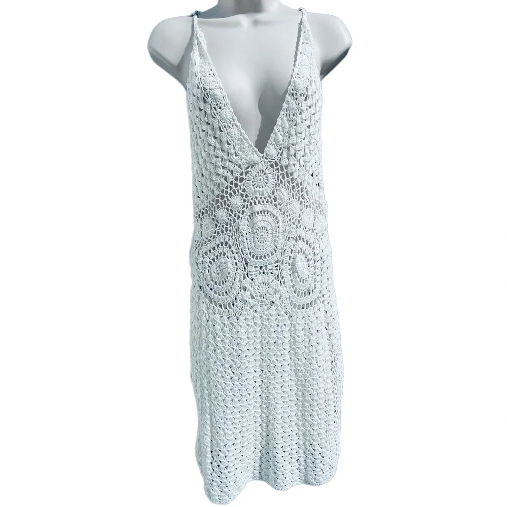 ✌🏻sold✌🏻FLOOK. Crochet Boho Cover Up Dress Size Medium Short Mini - Picture 5 of 15